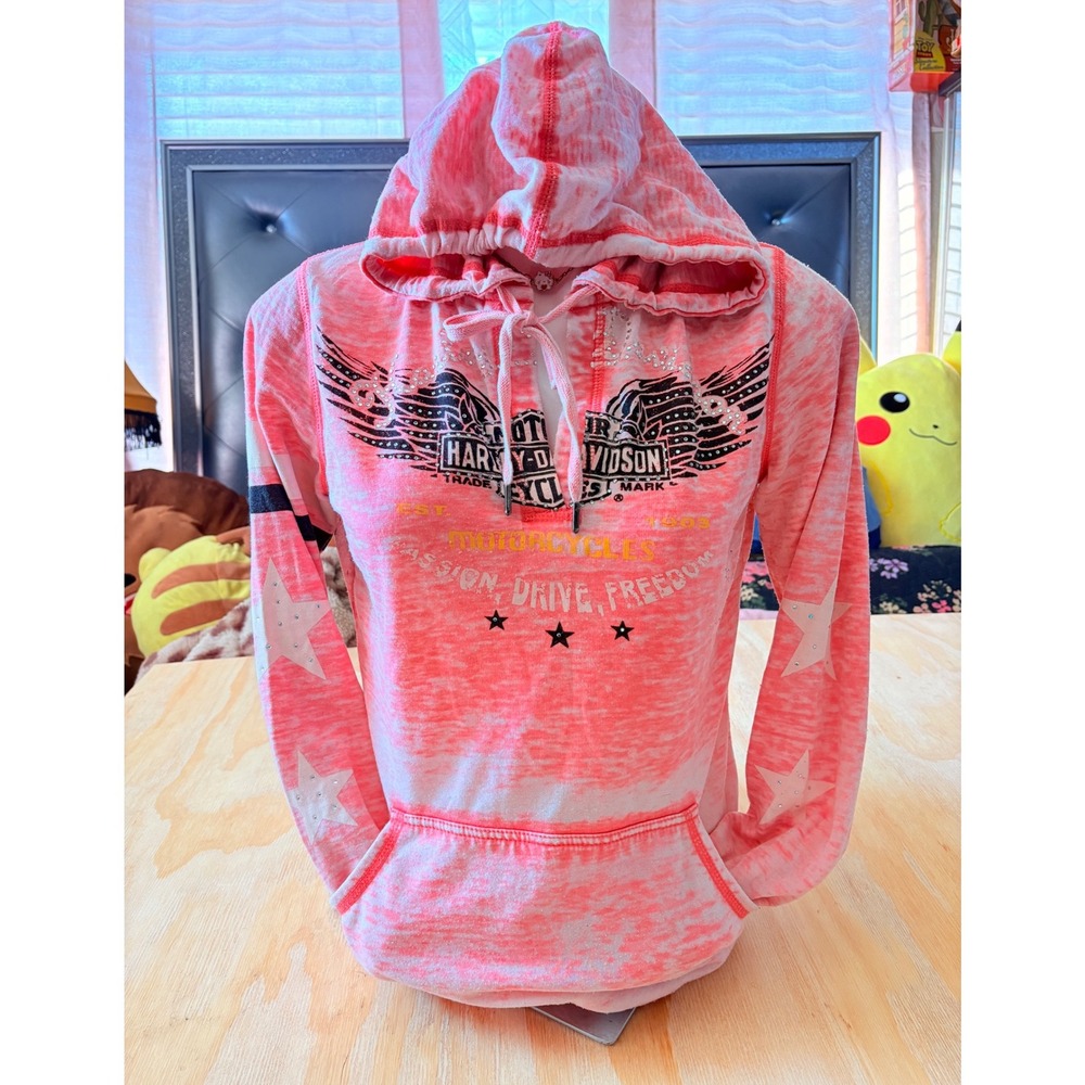 Y2K Harley Davidson Pink Burnout Hoodie Rhinestone Winged Logo Stars Womens S